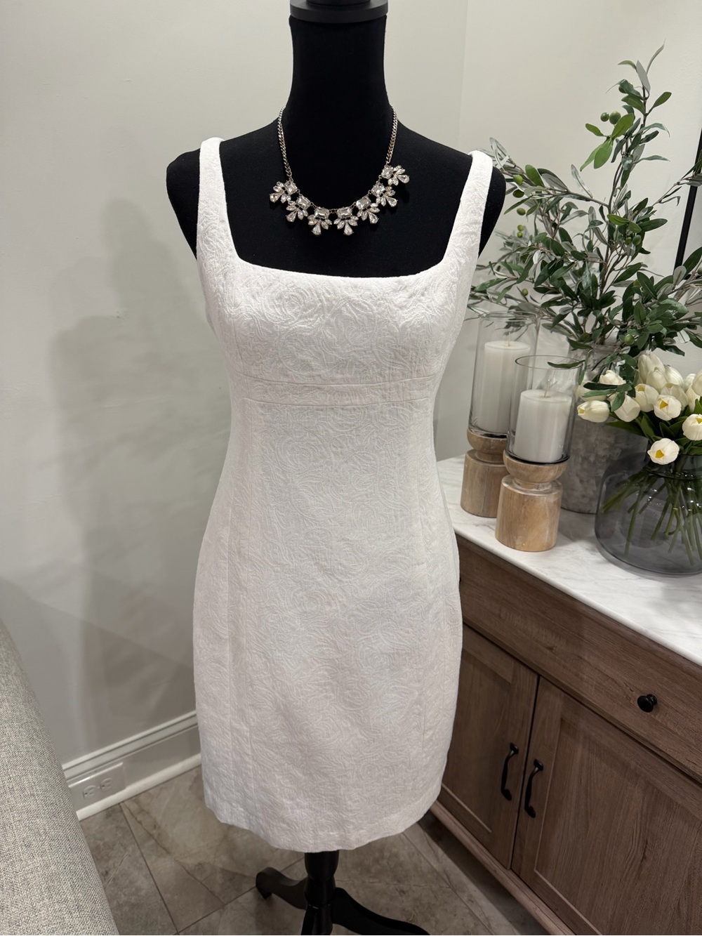 Chetta B White Textured Square-Neck Dress